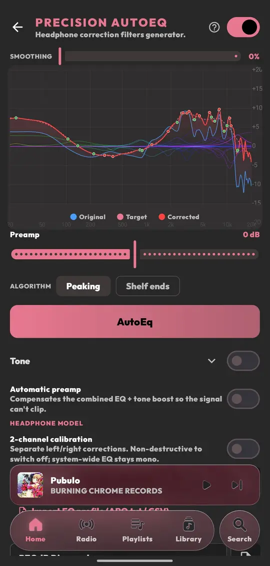 Headphone AutoEQ correction curve.