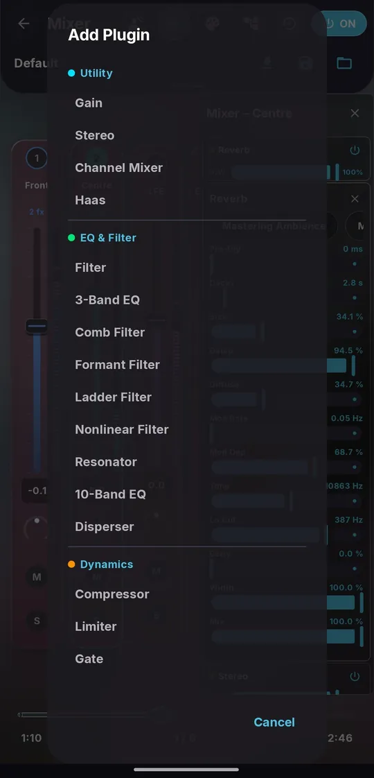 Die Liste „Plug-in hinzufügen“: Gain, Stereo, Filter, EQs und Dynamik.