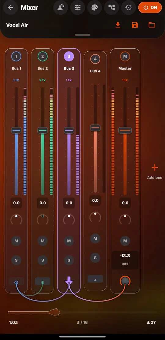 Mixer buses with faders, meters and loudness.