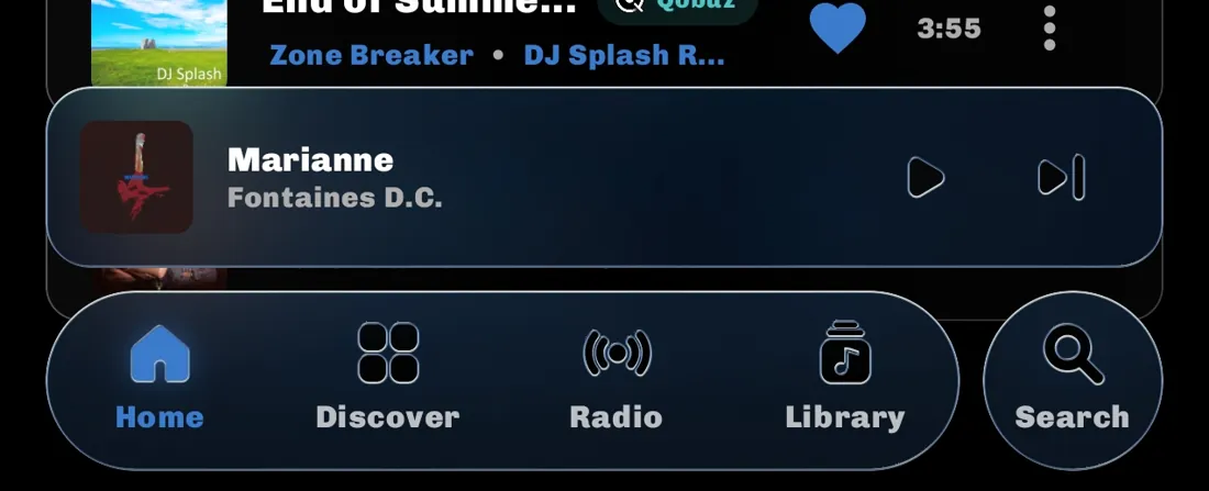 Glass nav bar and mini player over the song list, tinted blue by the album