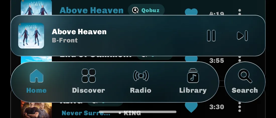 Glass nav bar and mini player over the song list, tinted teal by the album