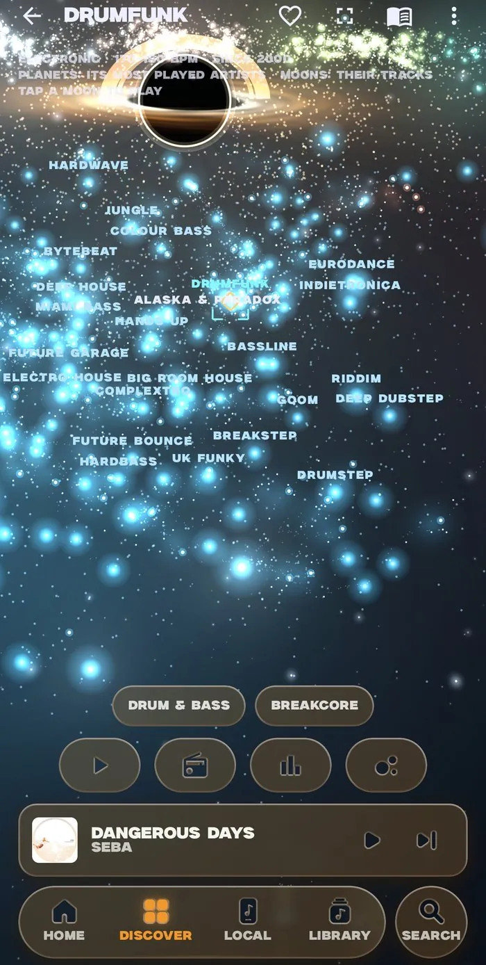 The genre galaxy on a phone, Drumfunk selected among glowing electronic genres, with genre pills and Play, Radio, Top 100 and system glyphs in glass above the mini player