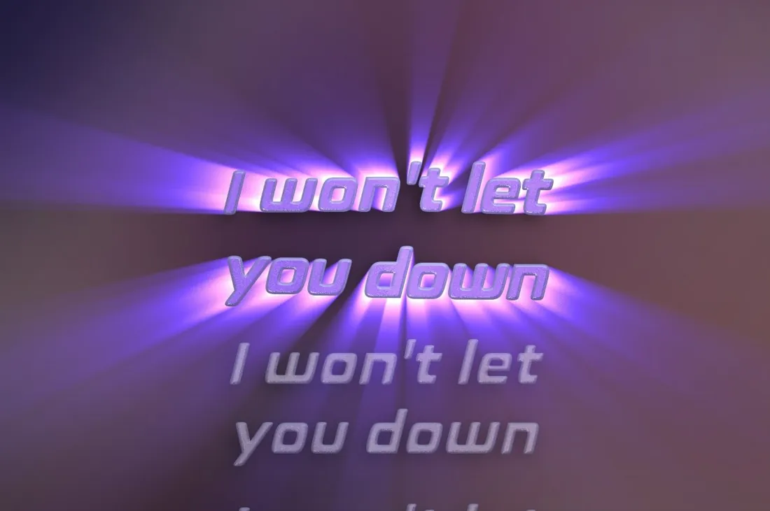 Violet god rays streaming from the sung line through glass lyric letters