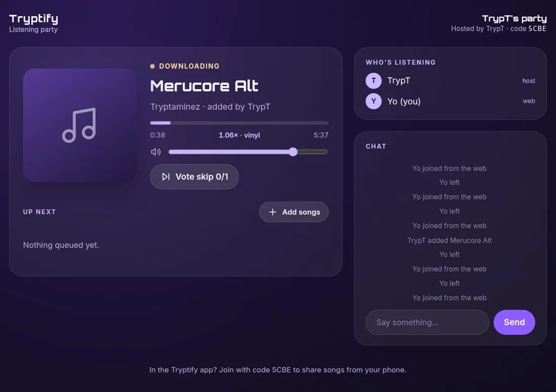 A guest at the party in a web browser: Merucore Alt by Tryptaminez playing at 1.06× vinyl, Vote skip 0/1 and Add songs, beside Who's listening (TrypT, host; Yo, on the web) and the party's chat.