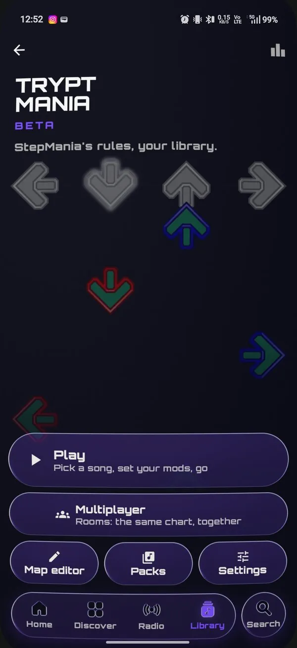 Trypt Mania's start menu: the TRYPT MANIA logo with BETA under it, a demo chart's arrows falling past the receptors, and glass pills for Play, Multiplayer, Map editor, Packs and Settings.