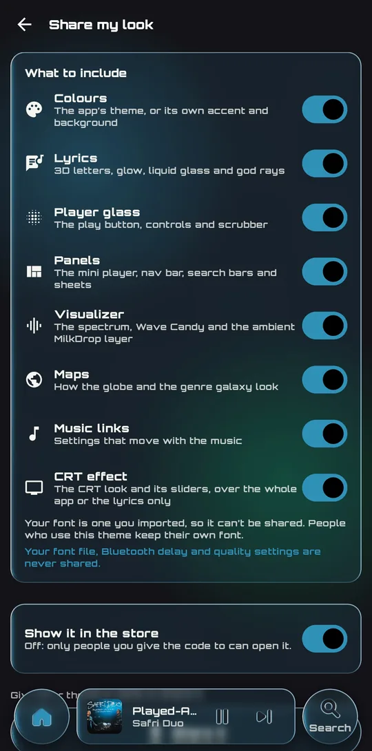 „Meinen Look teilen“: ein Schalter für jeden Teil des Themes, von den Farben bis zum CRT-Effekt, und „Im Store zeigen“.