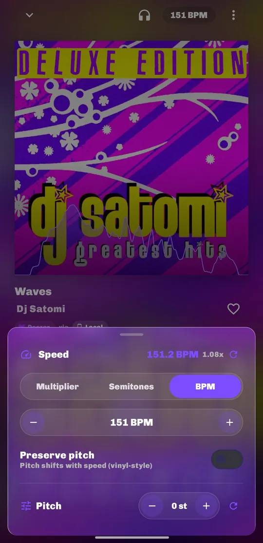 Das Geschwindigkeits-Panel auf 151 BPM, mit „Tonhöhe beibehalten“ und einem Tonhöhenregler.