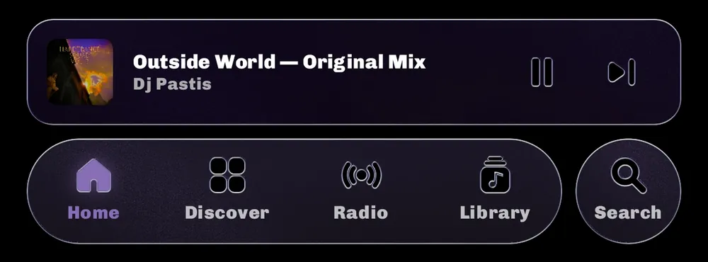 Gläserne Navigationsleiste und Mini-Player, vom Album violett getönt.